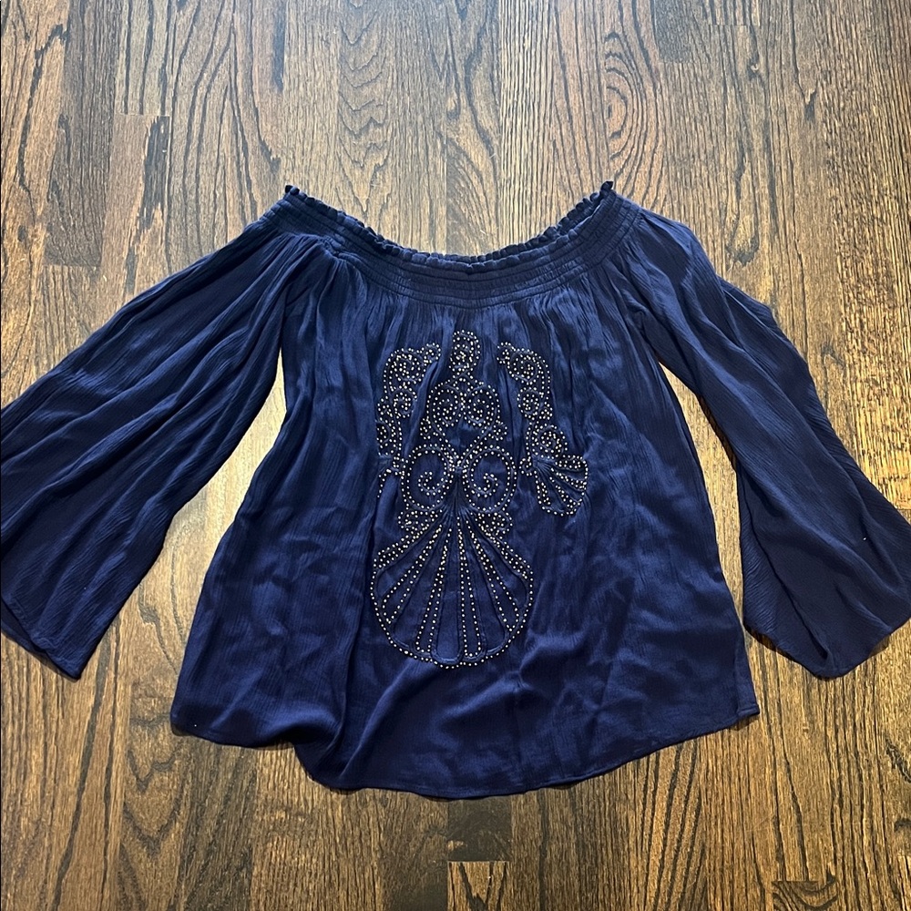 Lilly Pulitzer Navy Blue Off-Shoulder Embellished Peasant Top